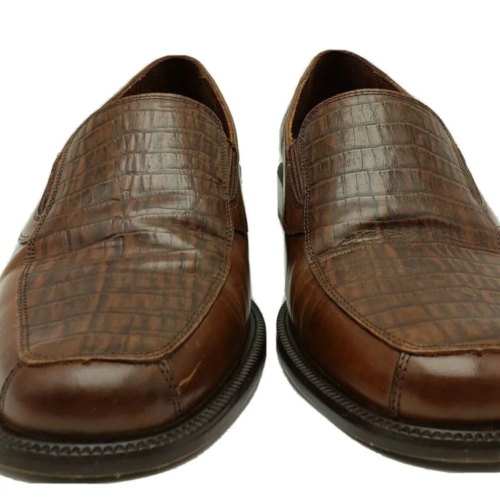 Stafford‎ Dress Shoes Mens 9.5M Brown Leather Croc Accent Slip On Loafer Casual